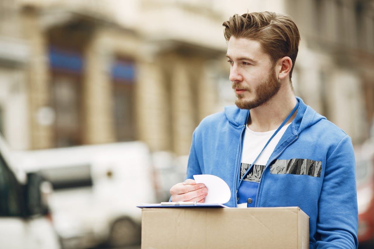 Deliveryman in blue hoodie holding a cardboard parcel on a city street.