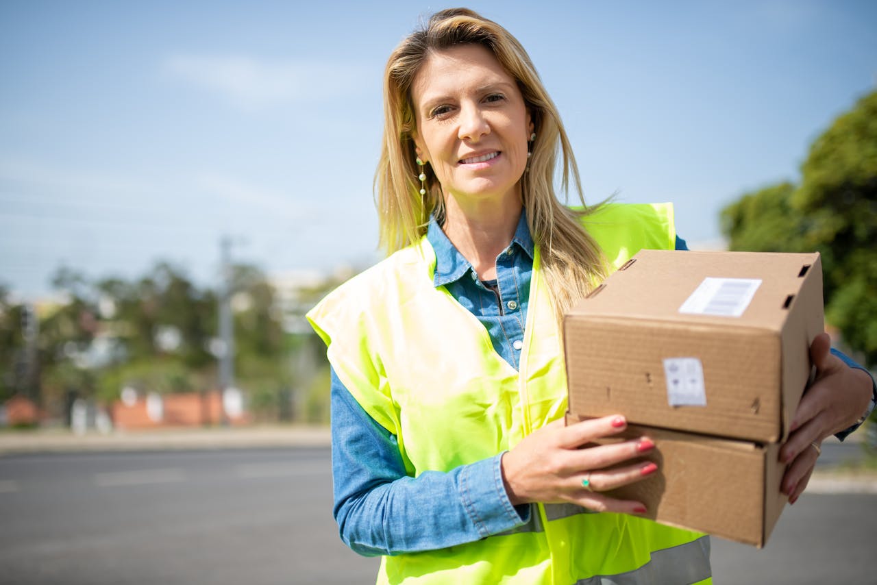Confident female delivery courier holding packages on a sunny day outdoors.
